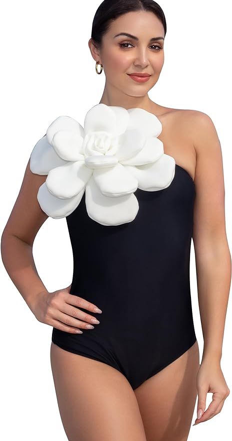 SPORLIKE Women One Piece Swimsuit 3D Flower One Shoulder Bathing Suit Padded Monokini | Amazon (US)