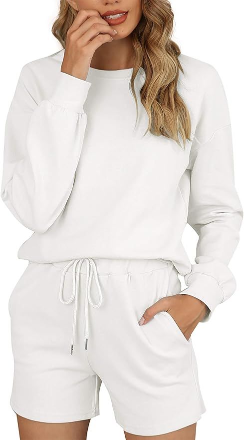 Women's Pajama Set Cozy Cotton Loungewear Shorts Long Sleeve Sleepwear Pjs with Pockets | Amazon (CA)