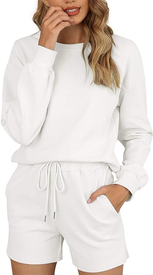 Women's Pajama Set Cozy Cotton Loungewear Shorts Long Sleeve Sleepwear Pjs with Pockets | Amazon (CA)