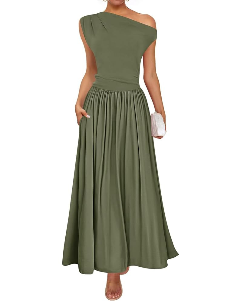 ZESICA Women's Summer 2025 Sleeveless Maxi Dress One Shoulder Casual Slim Swing Pleated Formal Dr... | Amazon (US)
