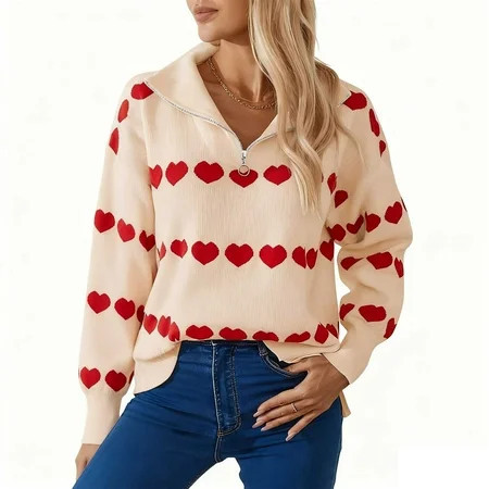 Uaswgudfs Women's Valentine's Day Heart Print Sweater - Half-Zip Collar Knit Pullover, Ladies' Casual Fall Winter Holiday & Daily Knit Top | Walmart (US)