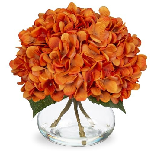 Hydrangea Artificial Flowers with Vase Fall Decor Orange Silk Fake Flowers Arrangements in Glass Vase with Faux Water Autumn Festival Floral Bulk Bouquet for Wedding Party Centerpiece Home Decorations | Amazon (US)