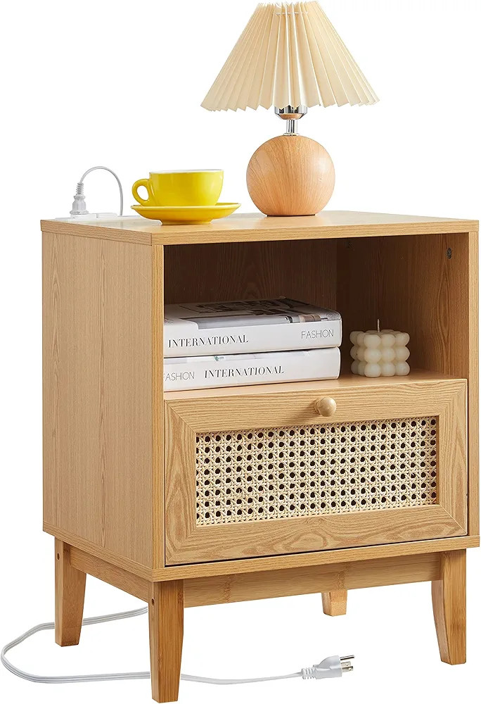 Rattan Nightstand with Charging Station, Boho End Table with Handmade Rattan Decorated Drawer, Mi... | Amazon (US)
