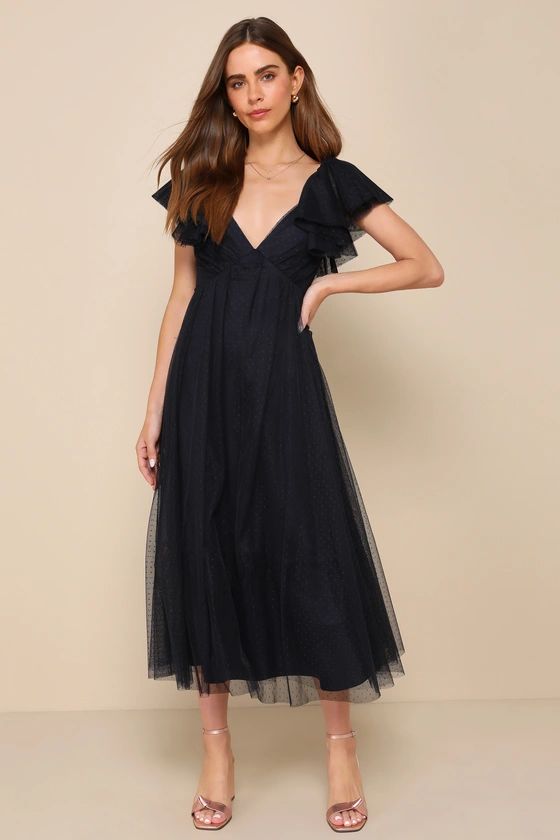 Perfect Invite Midnight Blue Swiss Dot Tie-Back Midi Dress | Lulus