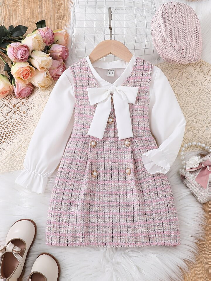 SHEIN Young Girl Plaid Dress & Bow Front Flounce Sleeve Blouse | SHEIN