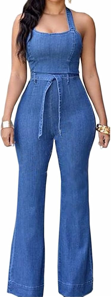 Sexyshine Women's Halter Lace Up Backless Casual Wide Leg Blue Long Jumpsuit Playsuit Rompers wit... | Amazon (US)