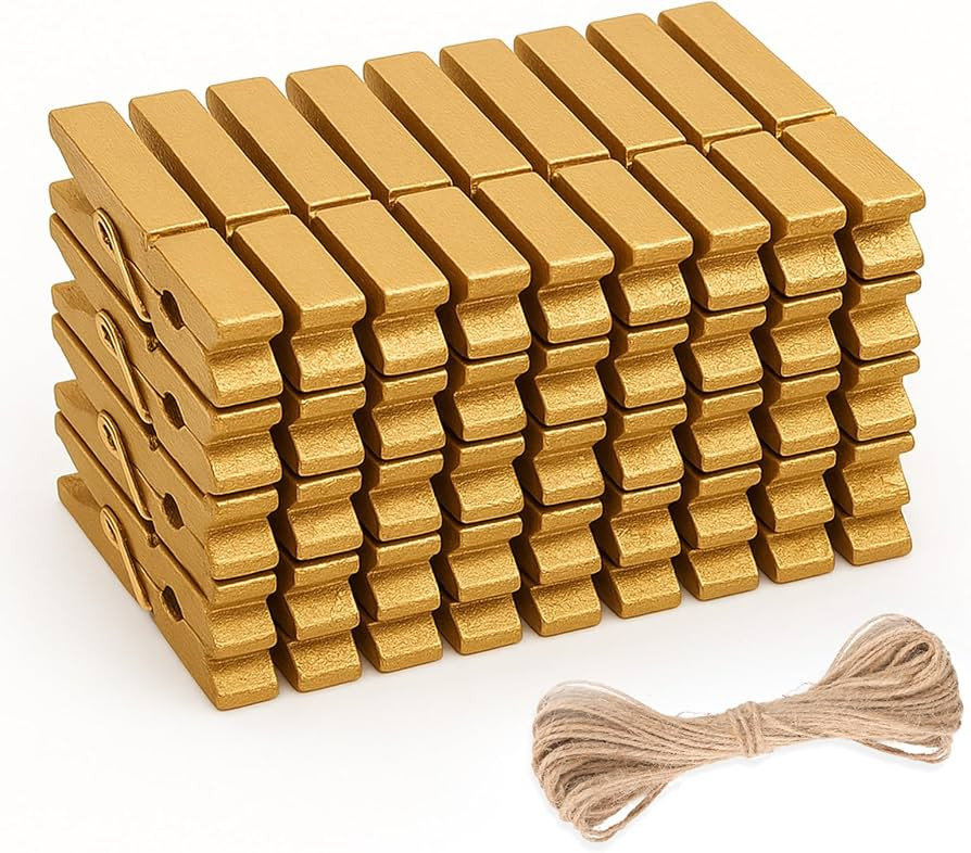 jijAcraft 50Pcs Gold Clothespins - 2.9Inch Large Clothes Pins with Twine, Photo Display Hanging C... | Amazon (US)