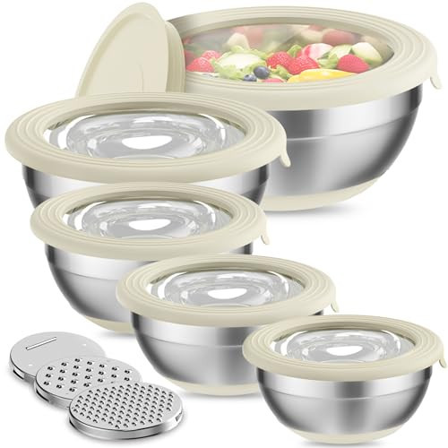 Humiwing Mixing Bowls Set of 5, Stainless Steel Nesting Mixing Bowls with Khaki Lids, 3 Grater Attachments, Measurement Marks & Non-Slip Bottoms, Great for Mixing & Serving - Beige | Amazon (US)