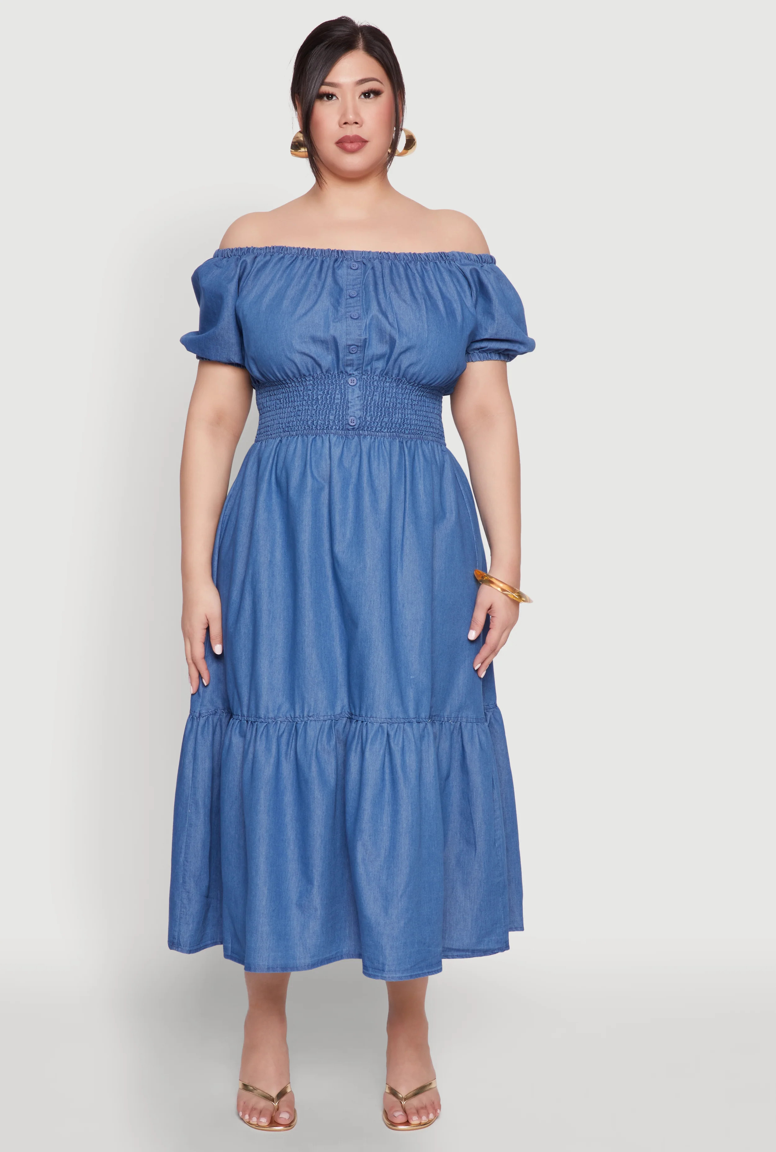Plus Size Chambray Off The Shoulder Tiered Dress | Rainbow Shops