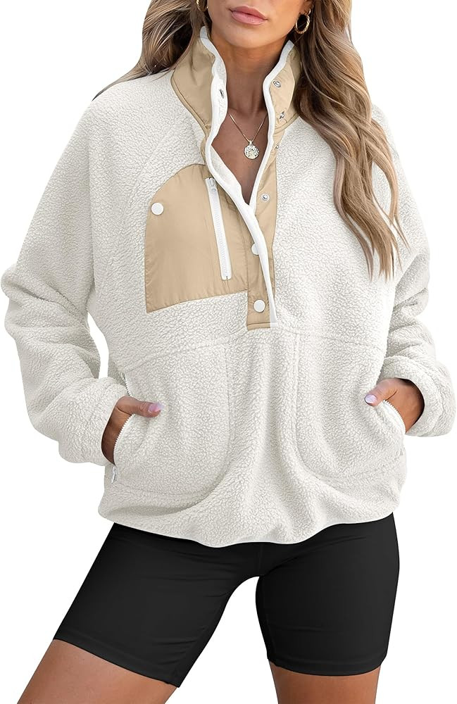 ANRABESS Women Fuzzy Fleece Pullover Sherpa Sweatshirt Long Sleeve Button Down Warm Soft Color Bl... | Amazon (US)