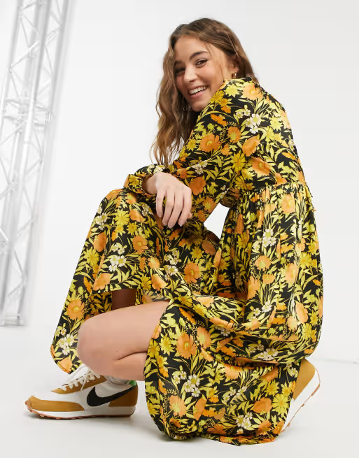 ASOS DESIGN plunge neck midi dress in floral print | ASOS (Global)