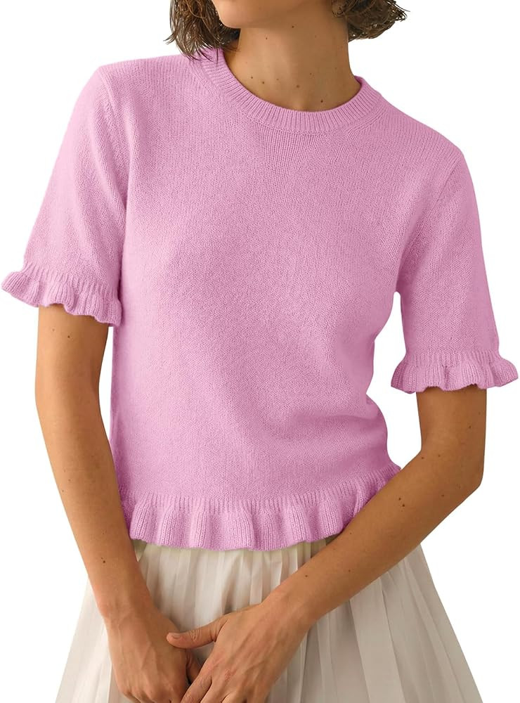 Tankaneo Womens Summer Short Sleeve Cropped Sweaters Spring Lightweight Knit Peplum Tops Dressy C... | Amazon (US)