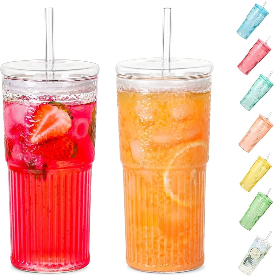 Glass Cups With Lids and Glass Straws，20 OZ High Borosilicate Glass Tumbler Iced Coffee Water S... | Amazon (US)