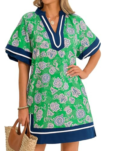 Wenrine Womens Summer Mini Dress Puff Sleeve Casual V Neck Floral Color Block Side Slit Loose Shi... | Amazon (US)
