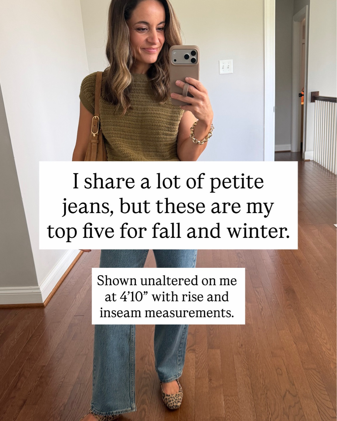 I share a lot of petite jeans but these are my personal top five for fall and winter. 

Abercrombie 90s Relaxed: 25 extra short in medium wash / 10.5” rise / 27.5” inseam 
J.Crew Factory Wide Leg: petite 24 / 10.5” rise / 28” inseam (I also love the slim wide at both J.Crew and Factory) 
Madewell Perfect Vintage: petite 24 / 10 3/8” rise / 28” inseam 
Quince Relaxed Straight: 24 short / 10” (avg 10.5”) rise / 28” inseam / extra short has a 26” inseam 
Quince Bella Wide: 24 short / 10” (avg 10.5”) rise / 28” inseam 

Tops 
Green sleeveless top: xxs 
Striped sweater: xxs 
Field jacket: xxs 
Beige sweater: xs in speckled beige / oversized 
Sleeveless navy top: xs 
Orange top: xxs 

My perfect jeans are slim wide or relaxed straight. A high rise 10-10.5” and a full length 27.5-28” inseam. I know there are lots of different preferences and needs so send them my way and I will round up some top picks for the requests I receive as well.

#LTKPetite