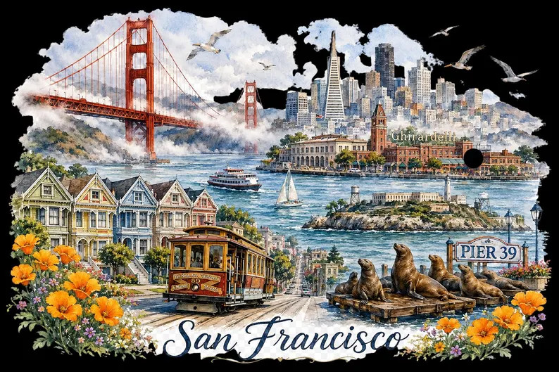 San Francisco Watercolor PNG | Golden Gate Bridge, Painted Ladies, Pier 39, Alcatraz Digital Down... | Etsy (Global)