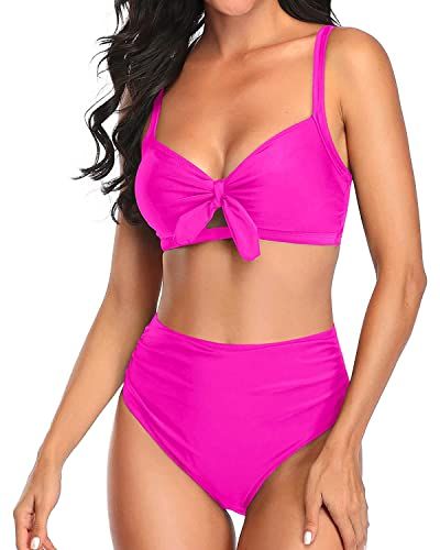Tempt Me Women Hot Pink Two Piece Swimsuits High Waisted Bikini Set Tie Knot Ruched Tummy Control Bathing Suits with Bottom M | Amazon (US)