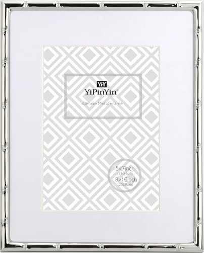Classy 8x10'' Bamboo Detail Silver Metal Picture Frame with Mat for 5x7'',Narrow Silver Plated Ph... | Amazon (US)