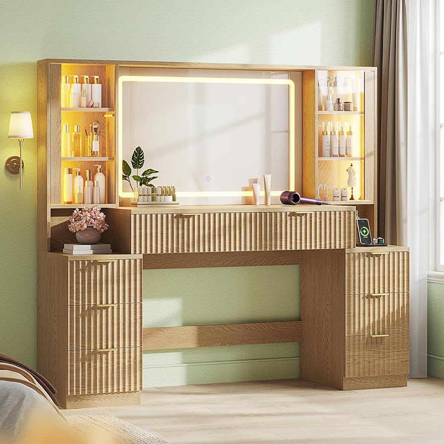 Big Vanity, Fluted Wood Makeup Vanity Desk with Mirror and Sound Sync LED Lights, Large Vanity Dr... | Amazon (US)