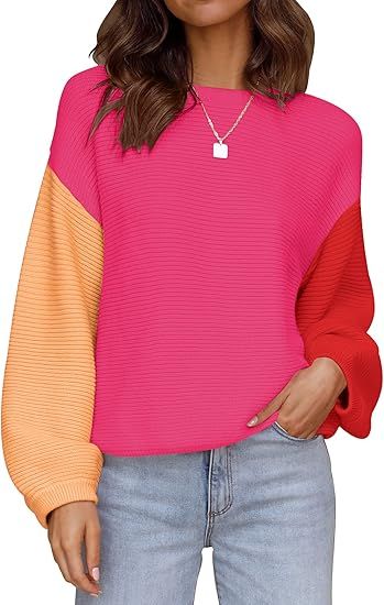ZESICA Women's 2023 Crew Neck Long Lantern Sleeve Casual Loose Ribbed Knit Solid Soft Pullover Sw... | Amazon (US)
