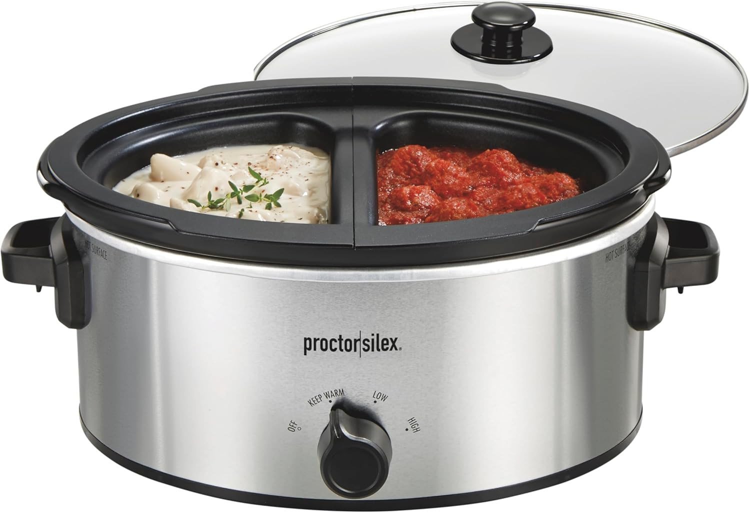 Proctor Silex Double Dish Slow Cooker with 6qt Crock and Dual 2.5qt Nonstick Insert to Cook Two Meals at Once, Dishwasher Safe Pot & Lid, Silver (33563) | Amazon (US)