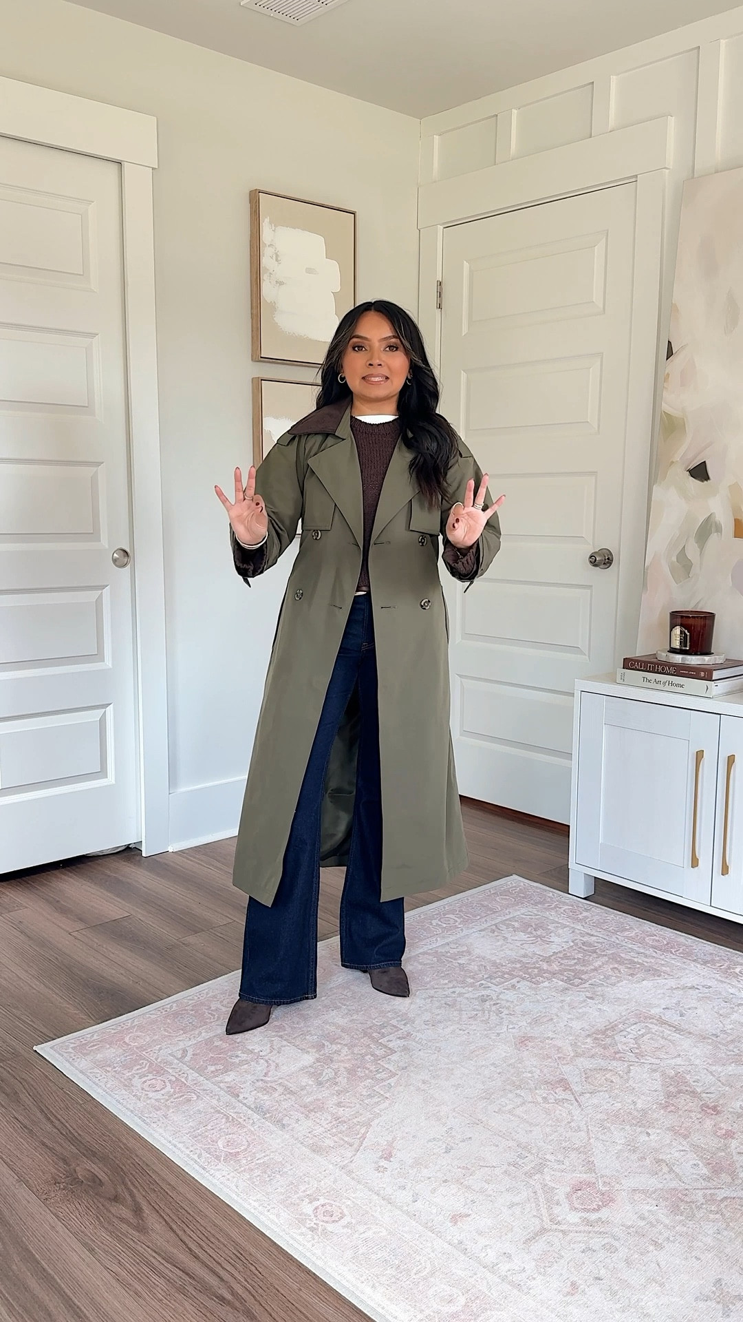 STACKABLE CODE: code AFLTK for 25% off on top of their current sale!
Green grape leaf color trench coat size xs petite TTS
White tank size xs TTS
Brown dark coffee sweater size xxs TTS
Brown and gold belt size xs TTS - I use the last hole on this belt so size up if you want more room!
Mid rise bootcut jean in dark rinse color size 26 short TTS
Dark brown boots size 5.5 TTS


#LTKFallSale #LTKSaleAlert #LTKPetite