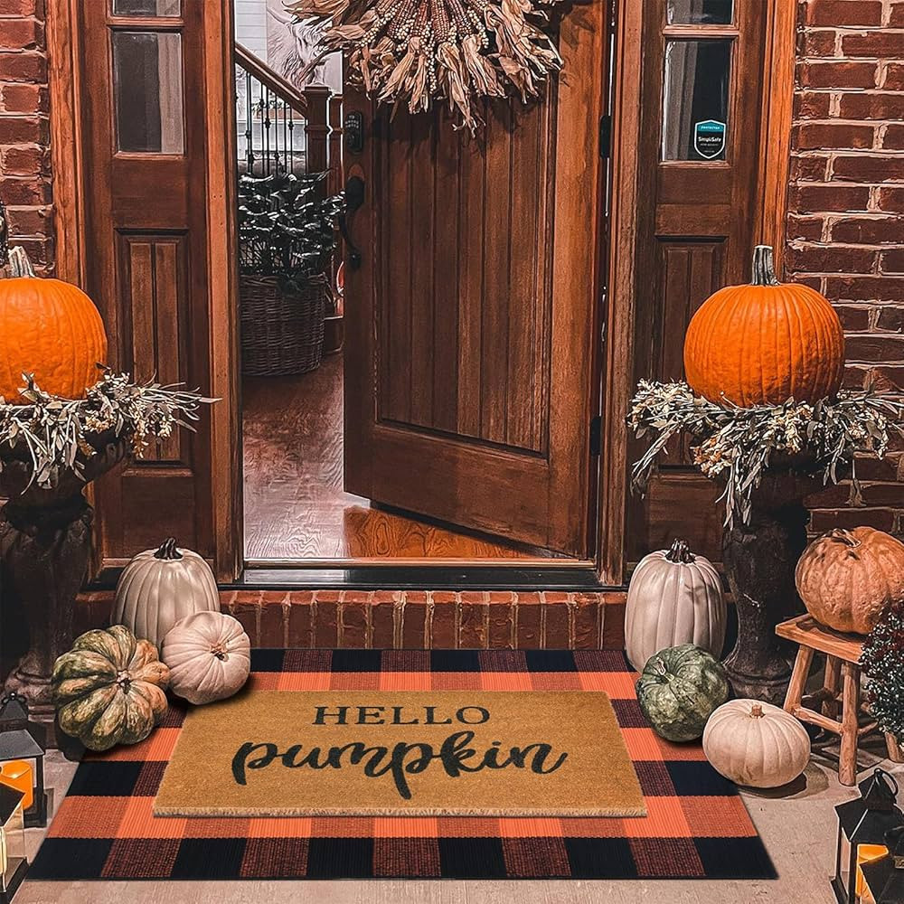 Fall Decor Door Mat Combo Set, 100% Coco Coir Welcome Mat + 28 x 43 Inches Orange and Black Plaid... | Amazon (US)