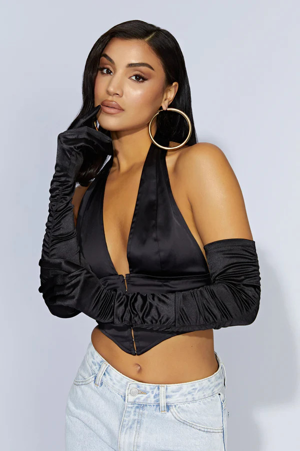 Arielle Ruched Satin Gloves - Black | Meshki (APAC)