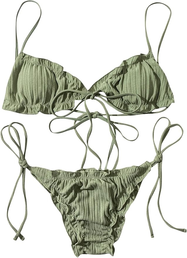 SOLY HUX Women's Frill Trim Triangle Top and Tie Side Bikini Set Two Piece Swimsuits | Amazon (US)