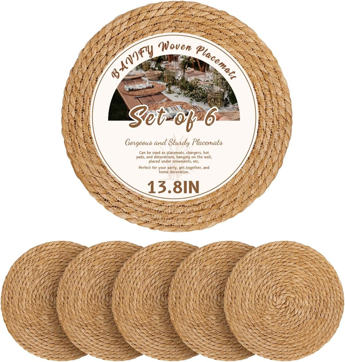 13.8 in Round Woven Placemats Plate Chargers Set of 6, Boho Farmhouse Rustic Woven Place Mats for... | Amazon (US)