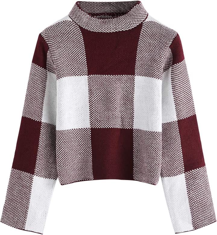 Women's Long Sleeve High Neck Plaid Crop Sweater Pullover | Amazon (US)