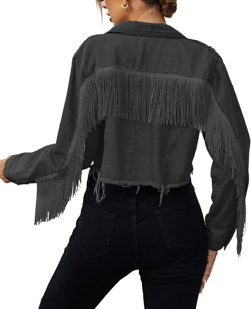 Zeagoo Women's Fringe Jacket Tassel Cropped Denim Jacket Raw Hem Ripped Crop Jean Jackets | Amazon (CA)