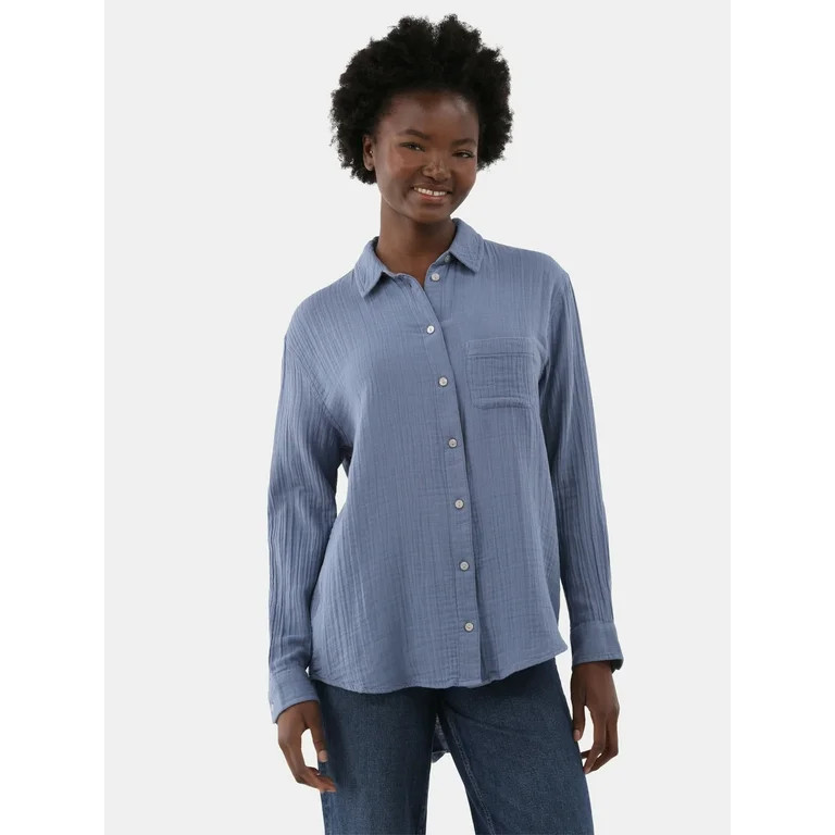 Time and Tru Women's Double Cloth Cotton Shirt, Sizes S-XXXL | Walmart (US)