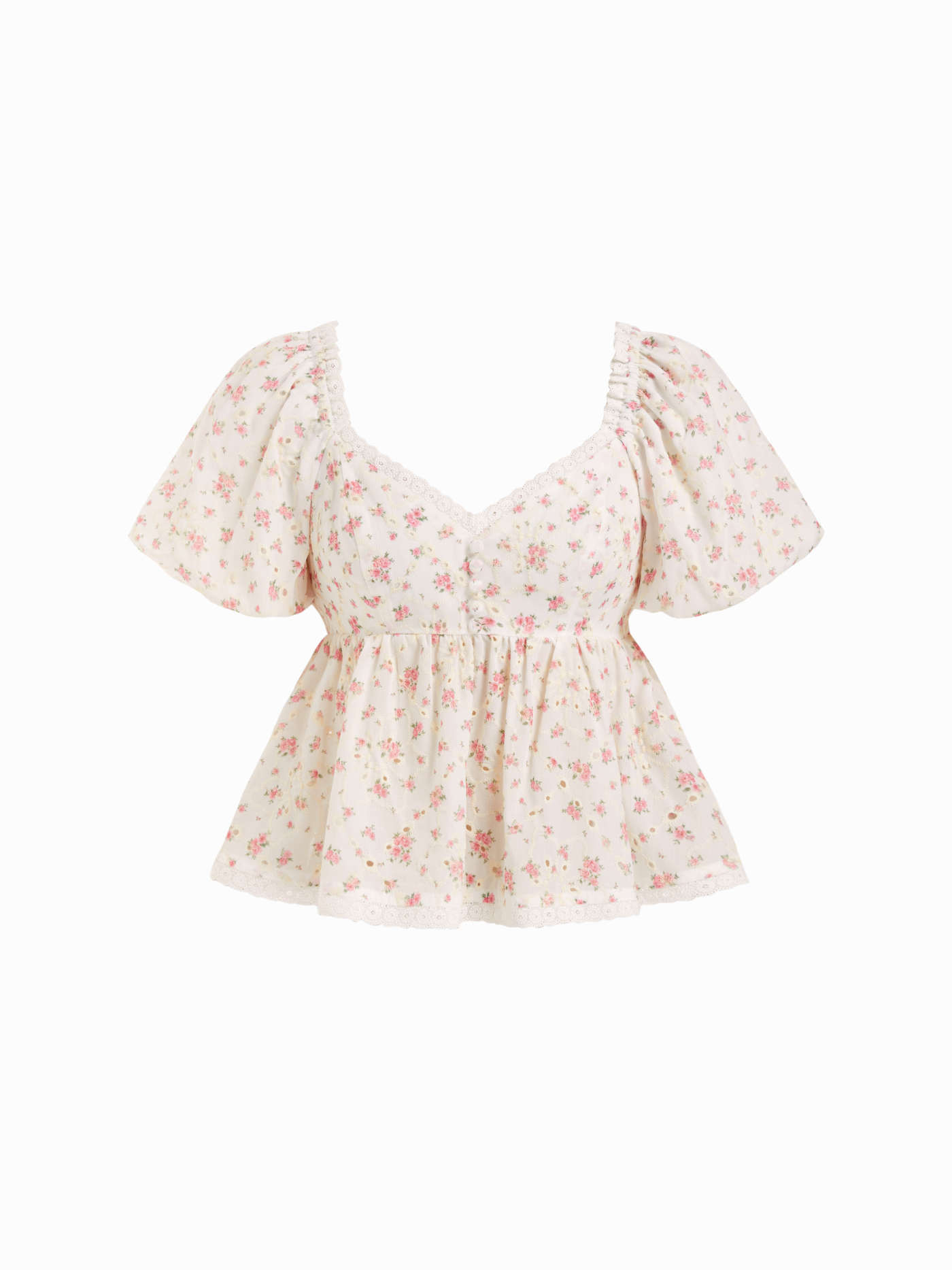 Cotton-blend Floral Sweetheart Lace Trim Puff Sleeve Cropped Blouse | Cider