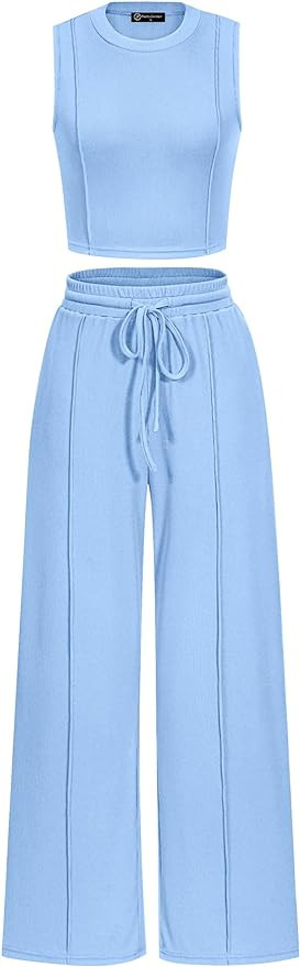 PRETTYGARDEN Women's Summer 2 Piece Loungewear Set Cropped Tank Top Wide Leg Sweatpants Tracksuit... | Amazon (US)