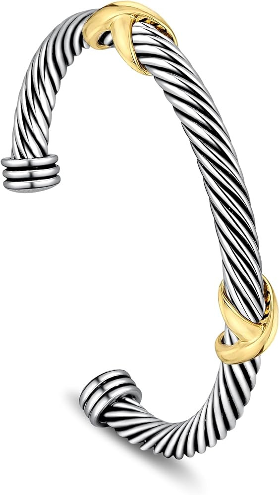 Cuff Bracelet for Women Cable Twisted - Silver Wire Stainless Two Knots - Cuff Bangle Two Tone Vi... | Amazon (US)