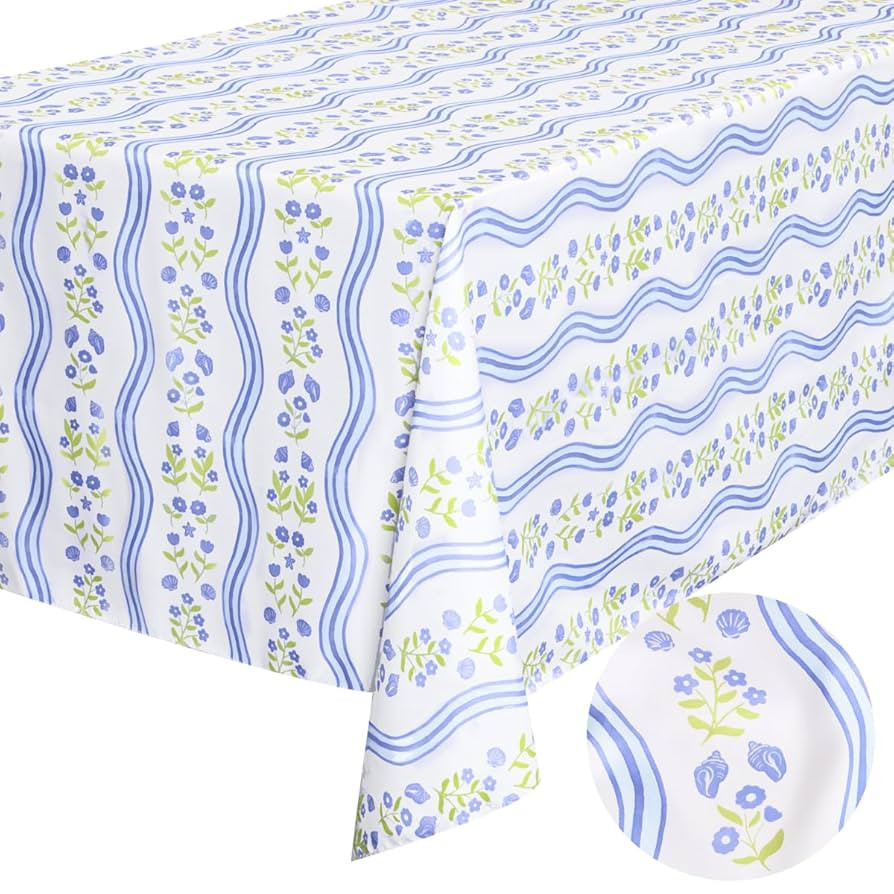 xo, Fetti Coastal Tablecloth, White + Blue | 9' x 4.5' | Bachelorette Tablescape, Dinner Party Se... | Amazon (US)