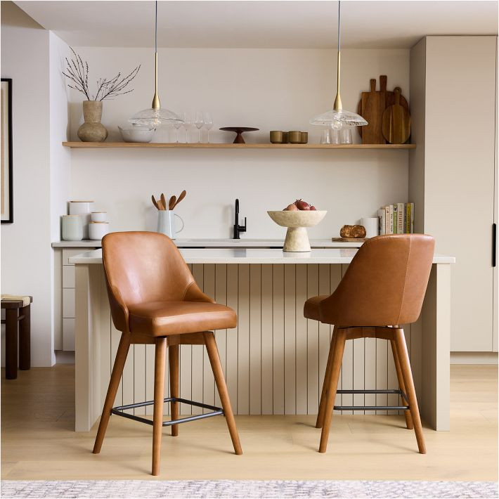 Mid-Century Leather Swivel Counter Stool - Wood Legs | West Elm (US)