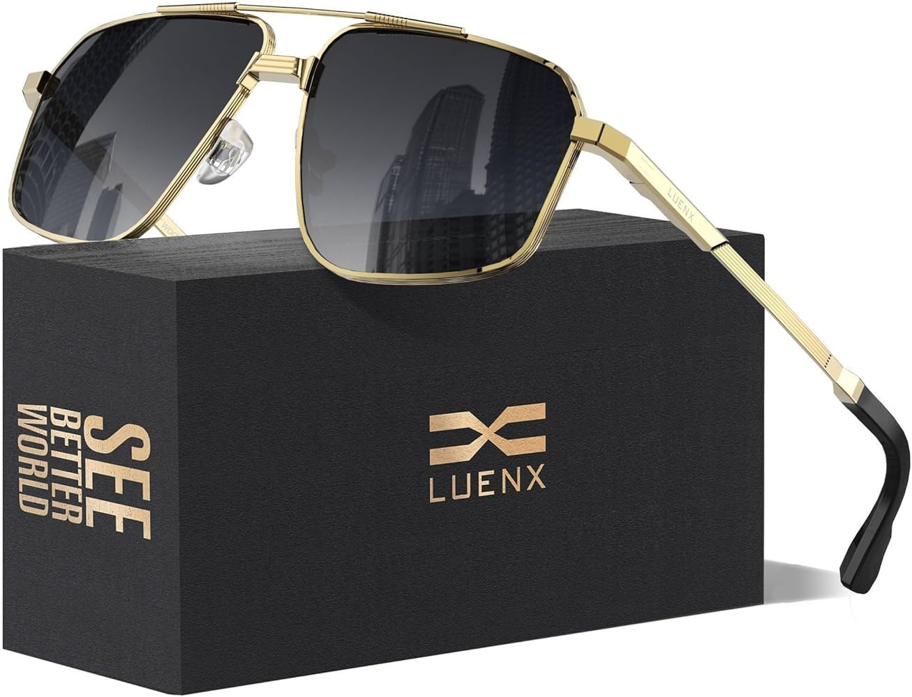 LUENX Aviator Sunglasses for Men Square Polarized Polygon Sun Glasses UV400 Protection | Amazon (US)