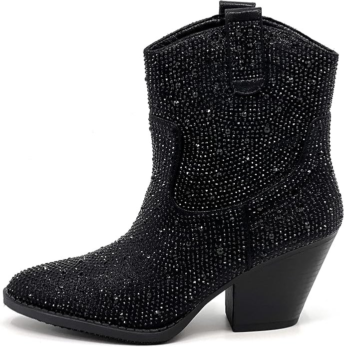 Women's Rhinestone Block Heel Mid Calf Short Ankle Booties Knee High Boots | Amazon (US)