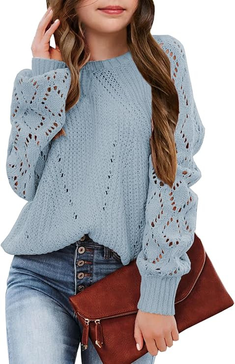 Girls Crochet Long Sleeve Crewneck Pullover Sweaters Kids Fall Winter Knit Jumper Tops | Amazon (US)