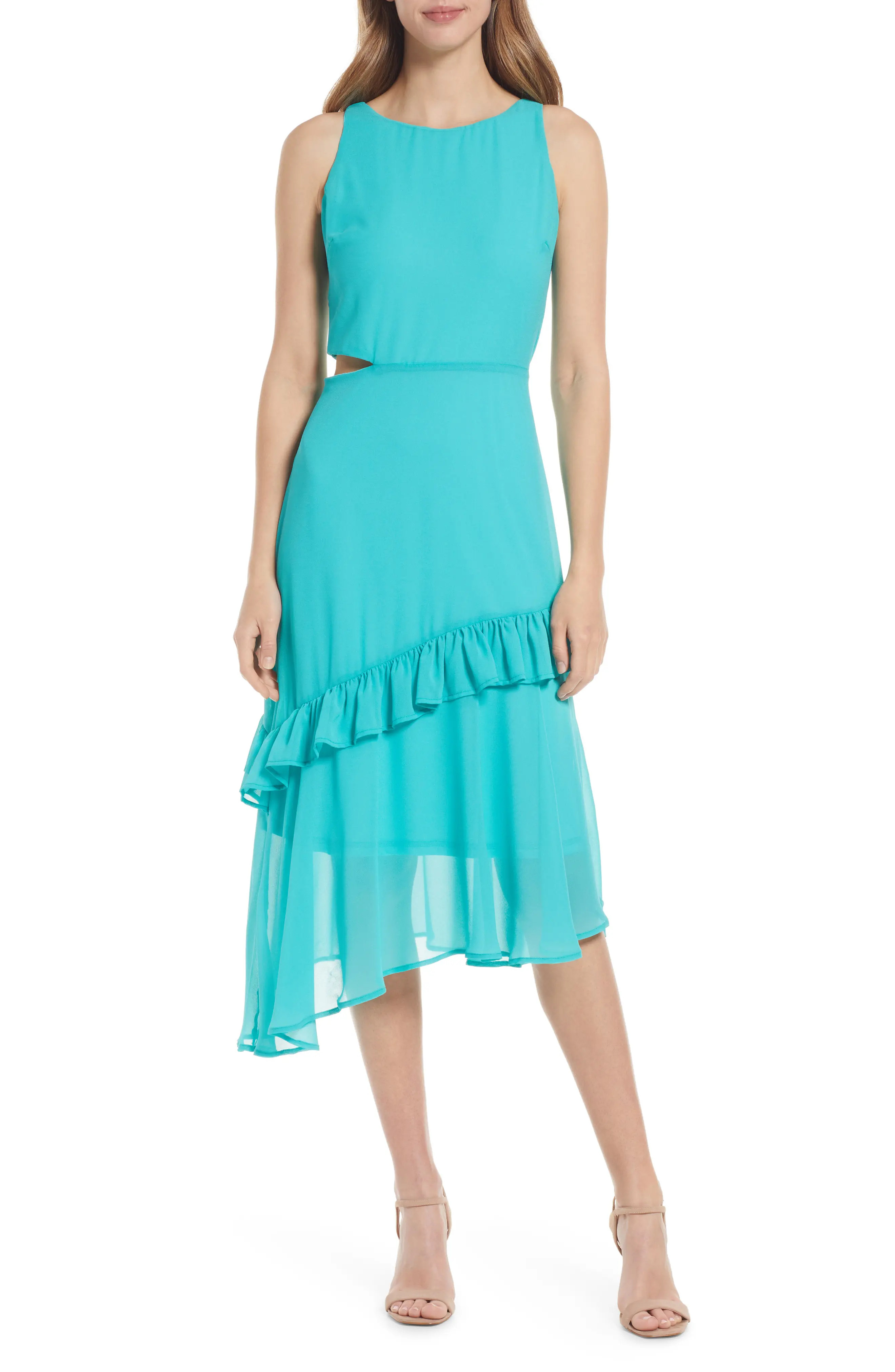Sam Edelman Ruffle Cutout Midi Dress in Turquoise at Nordstrom, Size 10 | Nordstrom