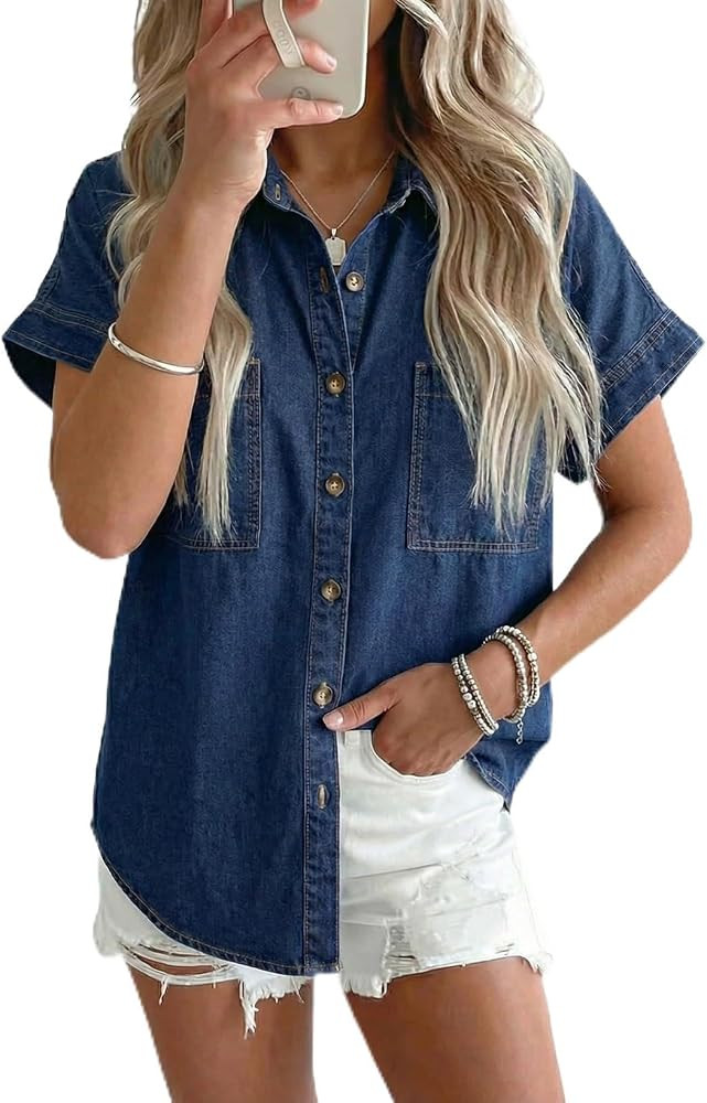 Sidefeel Women's Button Down Denim Shirt Short Sleeve Jean Shirt | Amazon (US)