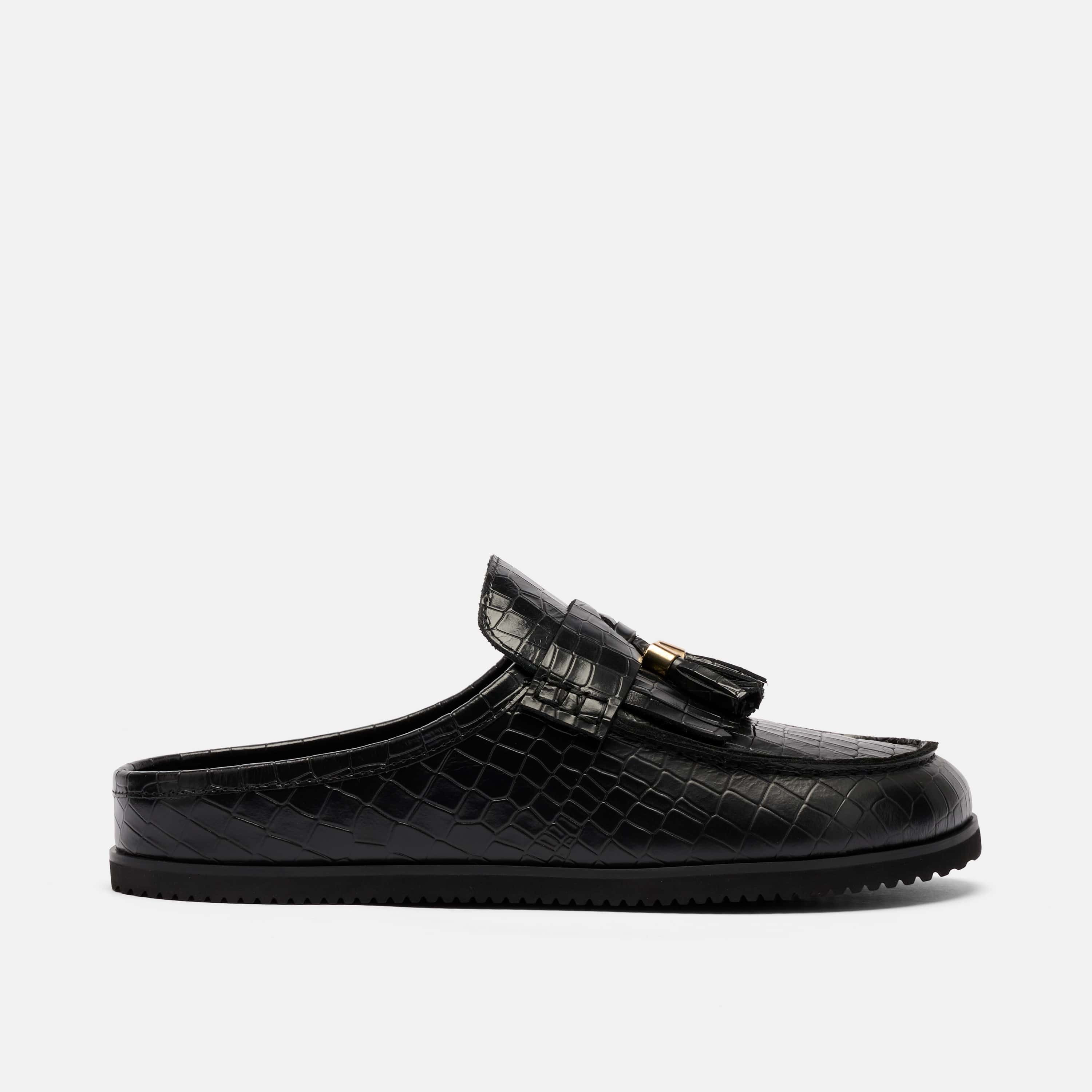 Ms. Hampton Black Crocskin Leather Tassel Mules | Marc Nolan