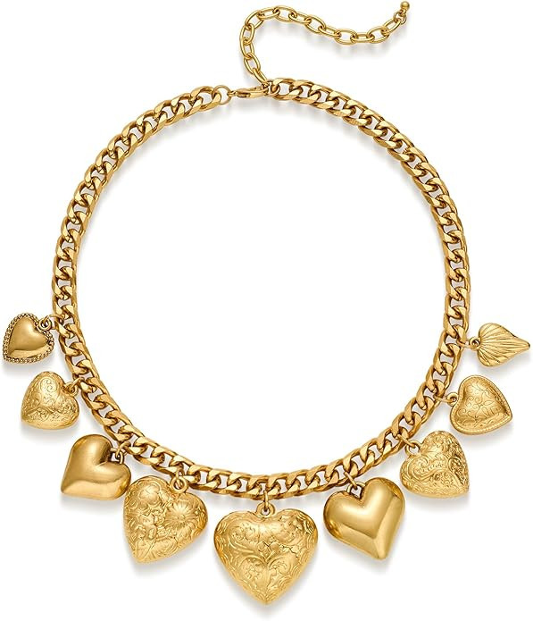 Vintage Heart Charm Necklaces for Women Matte Gold Charm Necklace Chunky Link Chain Necklace Fash... | Amazon (US)