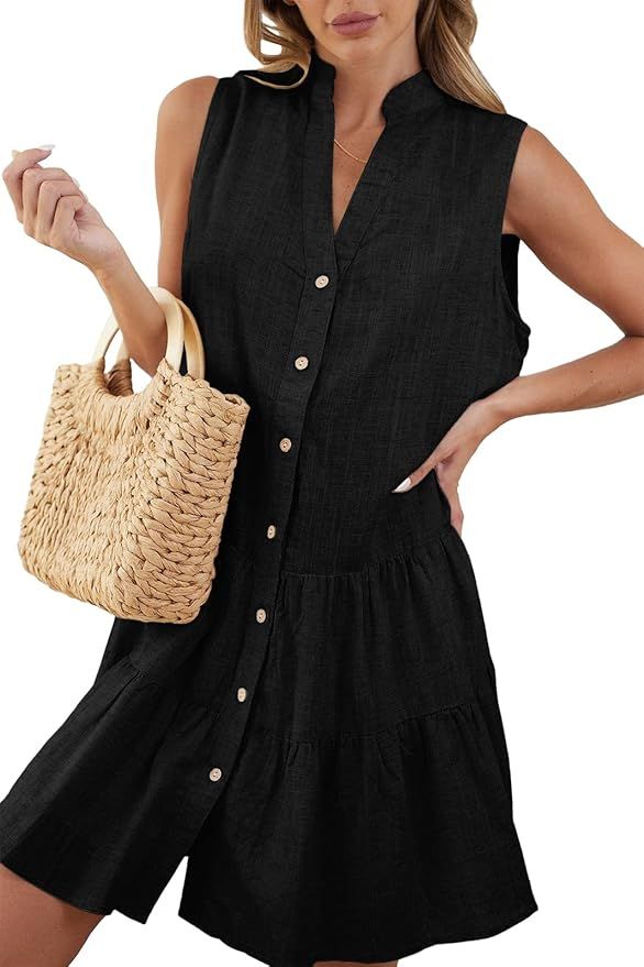 Fangetey Women's Casual Summer Sleeveless Dress V Neck Button Down Swing Dress Cute Linen Tunic D... | Amazon (US)