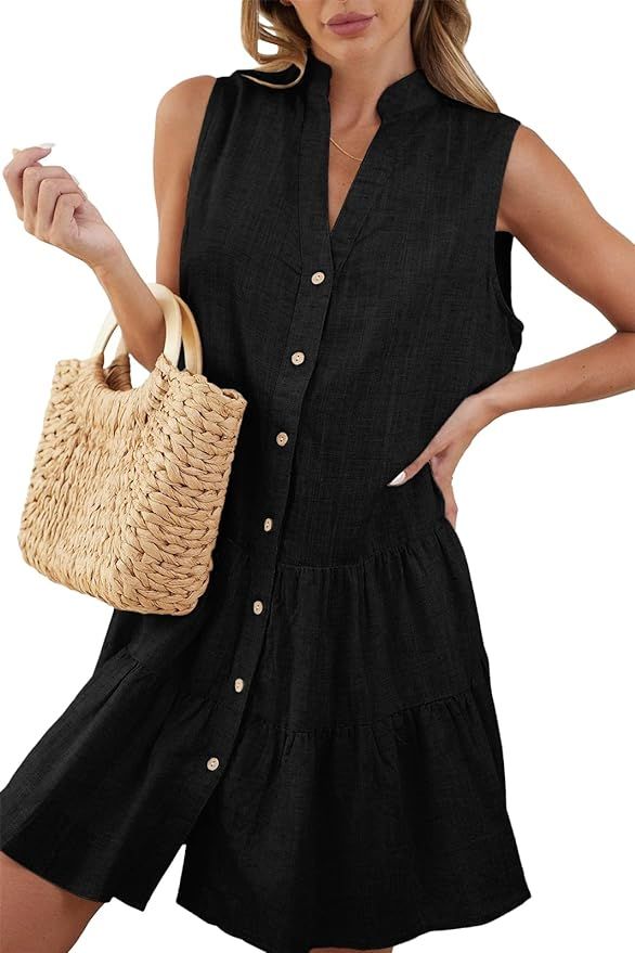 Fangetey Women's Casual Summer Sleeveless Dress V Neck Button Down Swing Dress Cute Linen Tunic D... | Amazon (US)