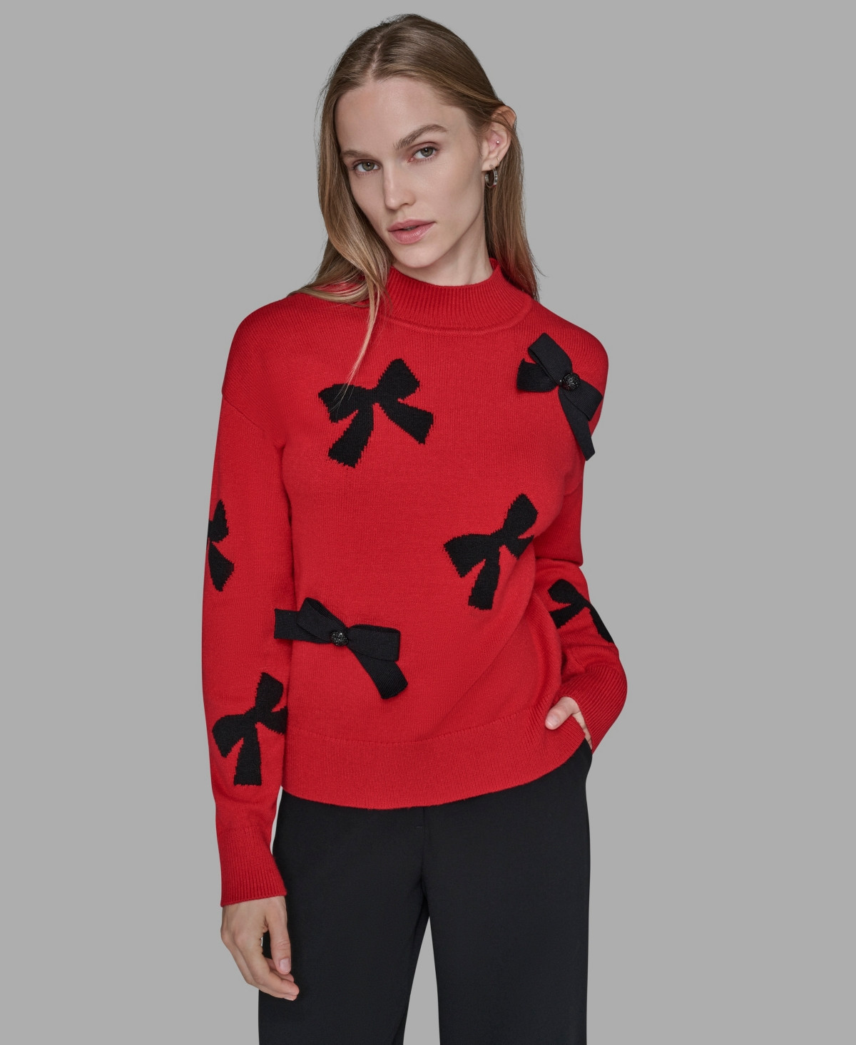 Karl Lagerfeld Paris Women's All-Over Bow Sweater - Admiral Red/Black | Macy's