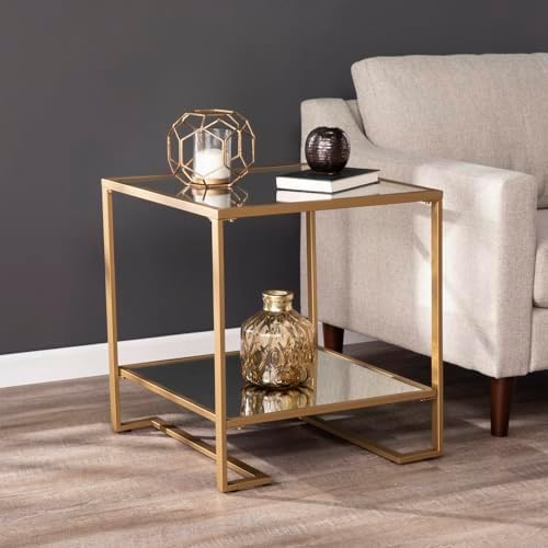 HomeStock Square End Table with Glass Top & Gold Base - Modern Living Room Side Table | Amazon (US)