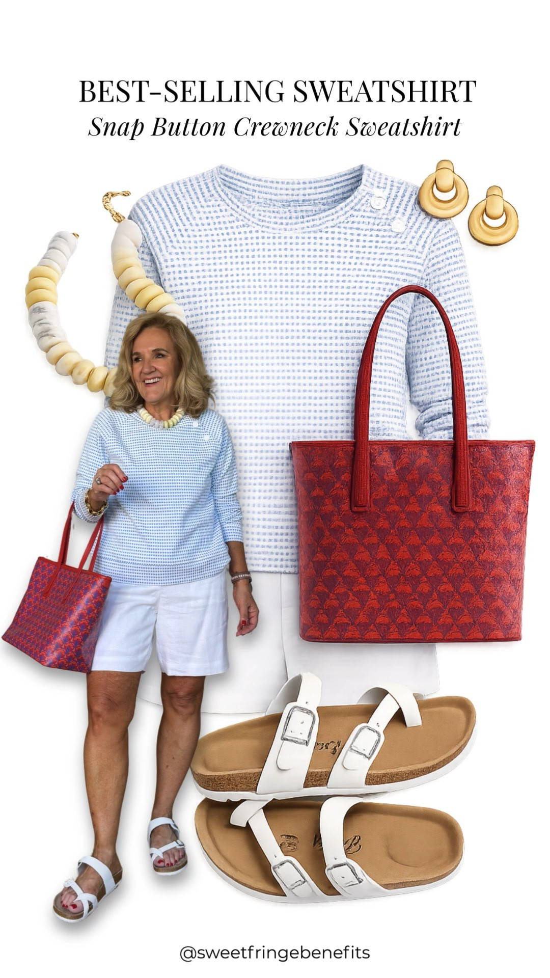 Meet the sweatshirt everyone is loving! 💙 This snap button crewneck sweatshirt is the perfect lightweight layer for cool mornings, travel days, and transitioning into fall. Paired with white shorts, comfy sandals, and a colorful tote, it's an easy outfit you'll wear on repeat.

💡 LTK MADE EASY ❤️ Heart = Support my posts! 🔖 Save = Get sale & restock alerts 📋 Lists = Keep favorites organized 📲 Share = Send lists and products to a friend. Hello, Christmas List! 💬 Comment = Ask me anything about what I'm wearing. :-)

#LTKootd #LTKOver40 #LTKSeasonal